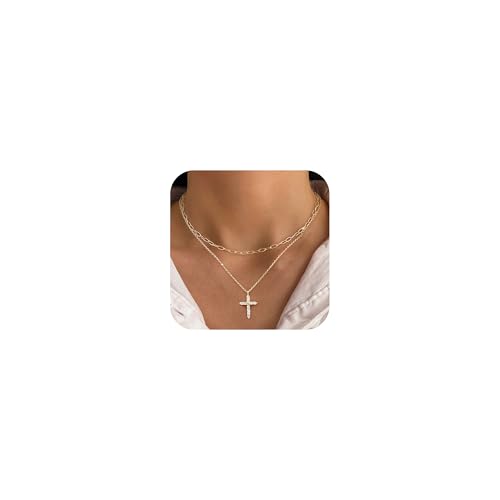 Layered Cross Necklace for Women - 14K Plated Gold Double Layer Chain Necklace, Dainty Cubic Zirconia Crucifix Pendant Necklace, Anniversary Birthday Christian Faith Jewelry Gift for Her