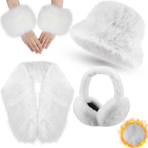 Winter Faux Fur Collar Scarf Wrap Winter Fuzzy Bucket Hat Ear Muffs Foldable Faux Fur Wrist Cuffs Set for Women