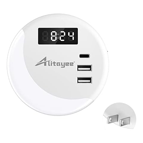 Alitayee LED Night Light, Night Lights Plug Into Wall, Smart Light Sensor Nightlight with USB C Charger(MAX 15.5W) and Digital Clock for Bedroom Stairs Kitchen Hallway Room Kids Adults Daylight White Cover