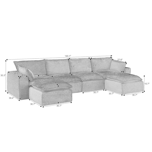 Image of 140 inch Luxury Boneless Couch, 6 Piece Modular Sectional Sofa - Oversized Cloud Couch with 2 Ottomans, Extra Thick Double-Layer Seat Corduroy Fabric, Modern Foam Sofa for Living Room