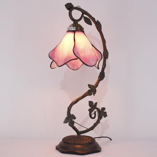 Image of WERFACTORY Tiffany Lamp Pink Stained Glass Table Desk Reading Light 21 Inch