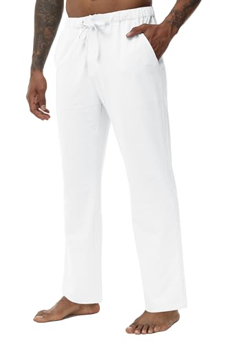 Huayuzh Mens Linen Trousers Cotton Casual Yoga Pants Loose Fit Summer Lightweight Stretch Beach Vacation Pants with Pocket White S