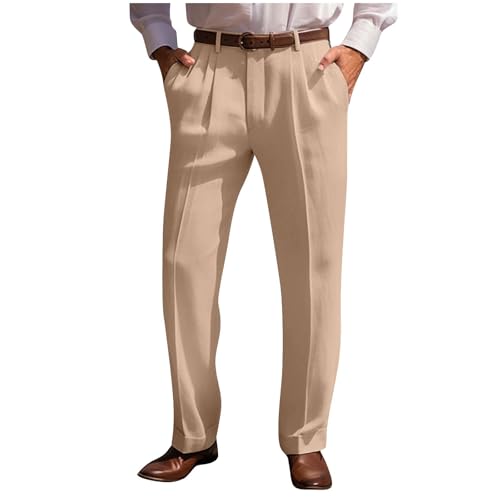 Men's Classic Fit Linen Dress Pants Pleated Loose-Fit Straight Leg Casual Golf Business Work Pants Cotton Trousers