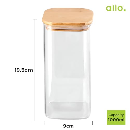 Image of Allo 1000ML Kitchen Storage Box Glass Jars With Wooden Lids - Borosilicate Glass Food Storage Containers Airtight Glass Jar For Tea, Coffee, Spice, Pulses, Masala (Square Glass Jar - Set of 6)