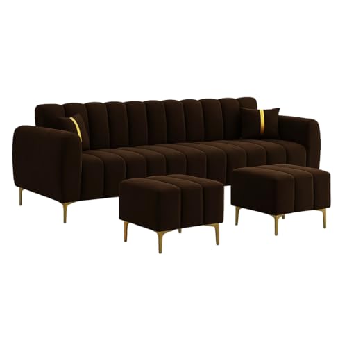 Image of Harmonica 3 Seater Modular L Shape Sofa Set with 2 Ottoman| Soft Velvet Upholstery, Sturdy Wooden Frame | Modern Sofa for Living Room, Hall & Office Spaces (Dark Brown)