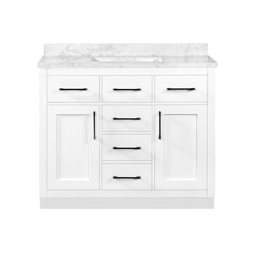 Image of OVE Decors Athea 42 in. Single Sink Freestanding White Bathroom Vanity with White Engineered Marble Top, Matching Backsplash, Power Bar and Matte Black Hardware