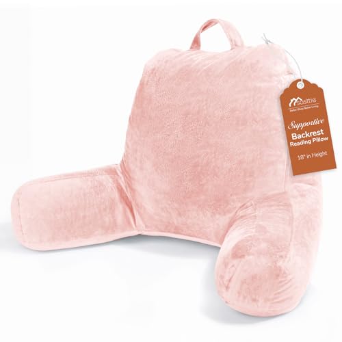 Sasttie Reading Pillow, Velvet Back Pillow for Bed Sitting Up, Adult Back-Rest Support Cushion with Arms for Sit Up on Couch, Sofa, and Floor, Dorm Essentials, Reading Accessories, Peach