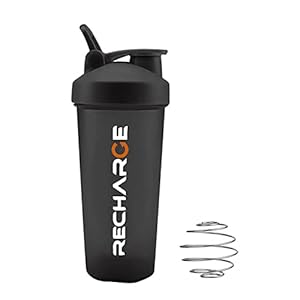 RECHARGE – Protein Powder Shaker Bottle with Mixer Ball, Leak-Proof Screw-On Lid and Secure Drinking Flip Cap, 100% BPA Free, 600 ml (Black)