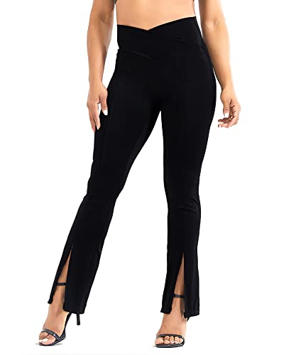 RIOJOY Yoga Pantalon Femme Evasé Legging Sport Extensible Taille Haute Pantalon à Pattes d'éléphant avec Poche Pant de survêtement Droit Décontracré Grande Taille,Jogging Danse Noir XL Cover