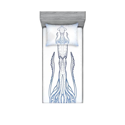 Ambesonne Kraken Fitted Sheet & Pillow Sham Set, Squid in Classic Line Art Styled Graphic Nautical Marine Sea Creature Image Art, Decorative Printed 2 Piece Bedding Decor Set, Twin, Blue and White