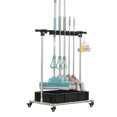 Carro organizador de suministros de limpieza con ruedas, cubo de fregona, soporte para escobas y estante de secado para tareas domésticas, escuelas y hospitales