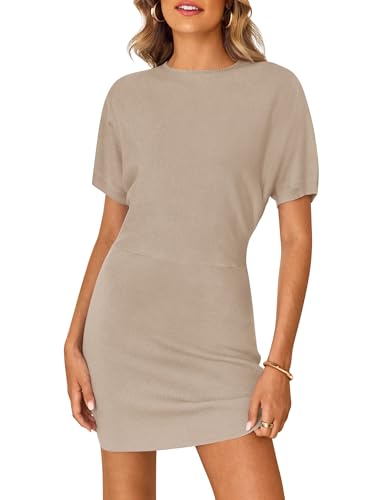 ZESICA Women's 2025 Summer Fall Mock Neck Bodycon Knit Mini Dress Casual Short Batwing Sleeve Slim Fit Ribbed Sweater Dresses,Apricot,Small