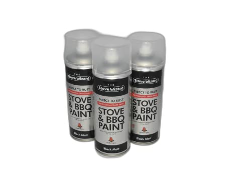 The Stove Wizard Professional Trade Spray Paint BLACK – 3 x 400ml High Temperature BBQ & Stove Paint – Up to 650°C – Matt Finish for BBQs, Chimineas, Fires, Automotive & More – Made in UK