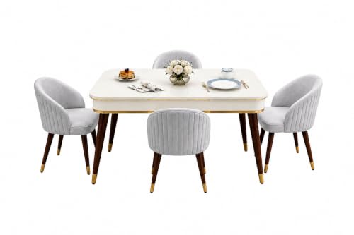 Image of WOODEN SPACE 4 Seater Wooden Dining Table Set | Urban Marble Top Dining Table with Chairs for Dining Room & Kitchen (Majestic Classic Backline Light Grey) (42 x 42 x 30 inch)