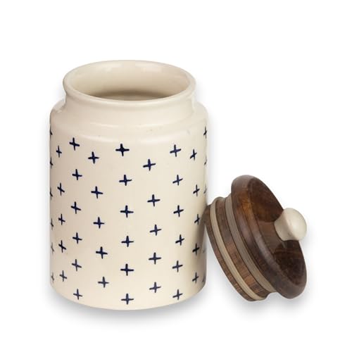 Image of 'Blue Plus' Ceramic Airtight Container - 1000ml Each - Wooden Lid - Kitchen Containers for Sugar, Tea, Salt, Pickles, Pulses & More (Blue Plus)