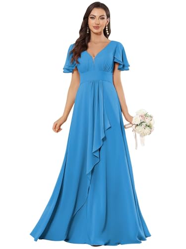V Neck Bridesmaid Dresses for Women Modest Short Sleeve Chiffon Ruched Formal Party Dress