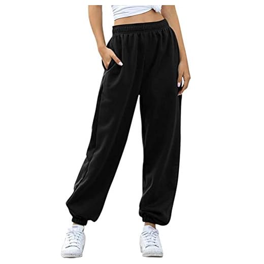 Minetom Pantalon de Jogging Femmes Pantalons de Survêtement Long pour Running Fitness Training Élastique Taille Haute Pants avec Poche A Noir Normal Medium