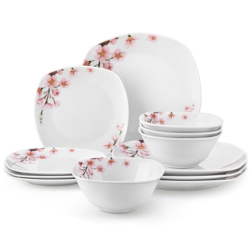 VEWEET Service de table en porcelaine avec motif floral rose, 12 pièces comprenant assiettes, assiettes à dessert et bols à céréales, série Annie