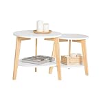 SoBuy 2er Set Beistelltisch mit runden Ablagen Couchtisch Sofatisch Kaffeetisch Wohnzimmertisch Kautschukholz Weiß/Natur FBT75-W