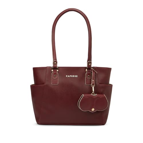 Image of Caprese Lexi Medium Tote Bag for Women | Solid Faux Leather Shoulder Handbag with Zipper Closure | External Eyewear /Sunglass Charm Case | Stylish Bag for Office & Everyday Use