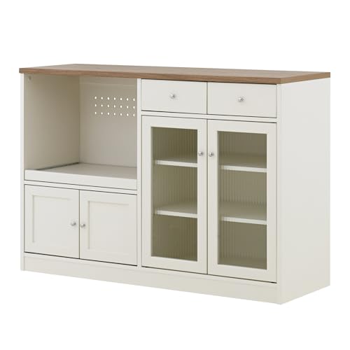 食器棚 ロータイプ 幅118cm レンジ台 コンセント付 大型レンジ対応 レンジボード キッチンカウンター キッチンボード シンプル コンパクト かわいい スライド おしゃれ LUFFY LU80-120L (オフホワイト×グレーナチュラル)