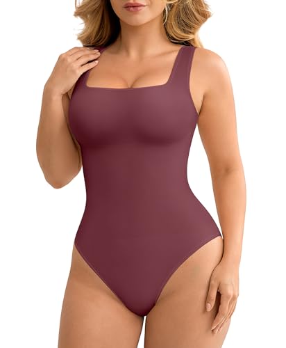 Image of FeelinGirl Bodysuits for Women Seamless Square Neck Tummy Control Compression Thong Shapewear Bodysuit Tank Tops Bodysuit
