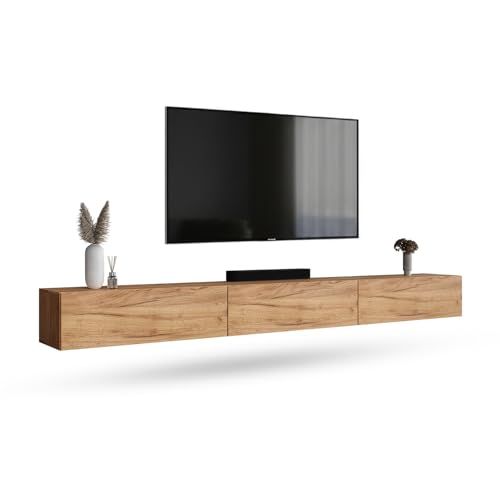 Planetmöbel Mueble TV West, Mesa TV de 300 cm de Largo, Mueble TV suspendido o de pie, Mueble Salon Moderno, 3X Mueble Television 37,8 x 100 x 30 cm, Roble Dorado