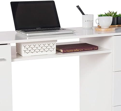 Madesa Home Office Computer Writing Desk with 3 Drawers, 1 Door and 1 Storage Shelf, Plenty of Space, Wood, 45 D x 136 W x 77 H cm - White