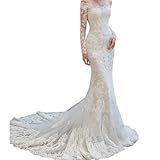 GoldeneAmeisen Spitze Brautkleider mit Schleppe,Spitzen Applikationen Langarm Hochzeitskleid,Hochzeitskleid mit Langer Schleppe,Mit Schleppe,Transparenter Stoff,für formelle Anlässe und Feiern