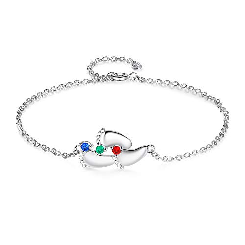 Gemszoo Personalized Name Bracelet With 1-5 Simulated Birthstones Custom Engraved Baby Feet Anklet With Adjustable Chain For Mom Women Girls Mother's Day (3 Stones) #TOP6