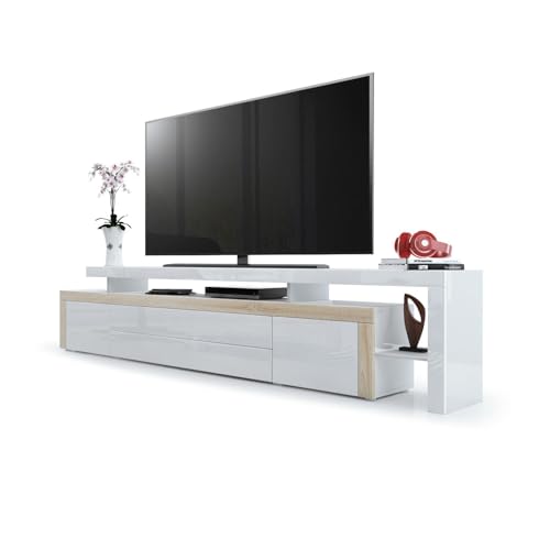 Vladon Mueble de TV Leon V3, Carcasa y Soporte Elevado en Blanco Alto Brillo/Frente en Blanco de Alto Brillo con Marco en Roble áspero (227 x 52 x 35 cm)