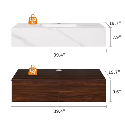 DWVO 40 Inch Bathroom Vanity with Sink, Floating Vanity Integrated Set with Sintered Stone Countertop, Wall Mounted Bathroom Storage Cabinet with Ceramic Basin Sink and 2 Drawers for Bedroom, Brown
