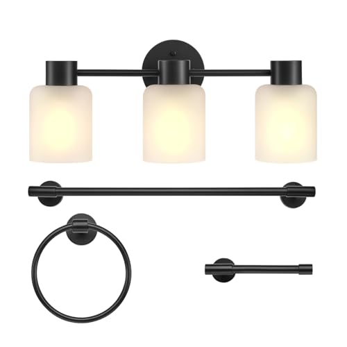 Image of Globe Electric 4-Piece All-in-One Bathroom Set, Matte Black, 3-Light Vanity Light with Frosted Glass Shades, Towel Bar, Toilet Paper Holder, Towel Ring