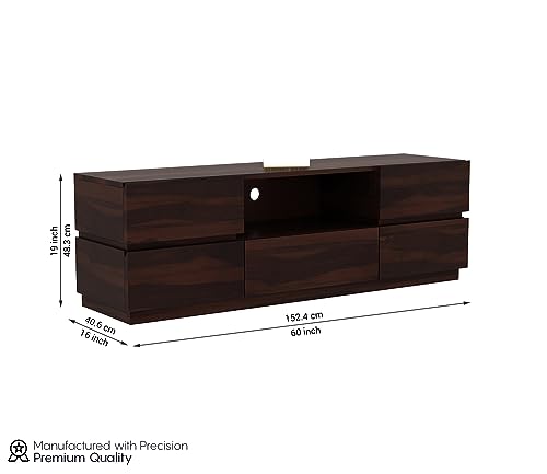 Image of Rustic Solid Sheesham Wood TV Unit Chest of Drawers for Living Room - 5 Drawers and 1 Shelf Storage - Accommodates up to 60 Inch TV (Bayern, Walnut Finish)