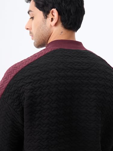 Image of The Souled Store Naruto Shippuden: Shadows of The Uchiha Men and Boys Long Sleeve Mock Neck Black and Maroon Quilted Colour-Block Cotton Blend Oversized Sweatshirt
