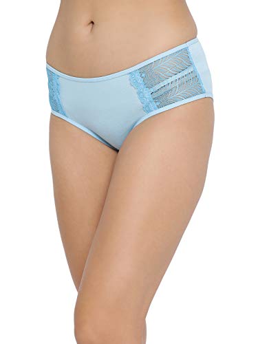 Image of Clovia Women's Mid Waist Hipster Panty with Lace Inserts in Light Blue - Lace & Cotton