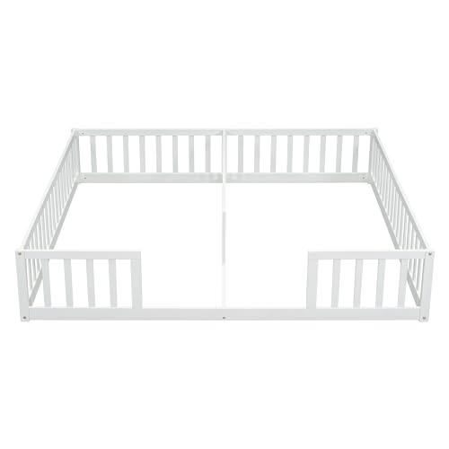PVWIIK Twin Size Double Frame Floor Bed with Fence,Montessori Floor Bed w/Safety Guardrails for Girls,Boys,No Box Spring Needed, White