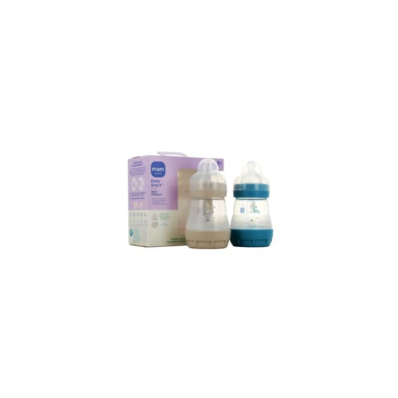 MAM – Lot de 2 biberons Easy Start Anti-Colique 0+ mois débit lent (2 x 160 ml) Océan + Nature – Biberon bébé pour réduire les coliques et l'inconfort...