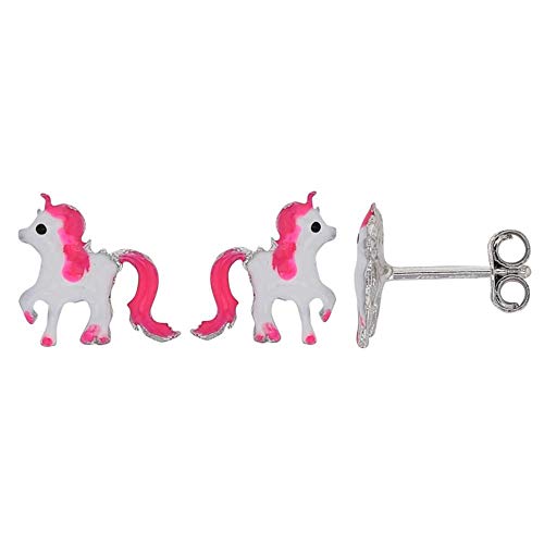 Boucles d'oreilles cheval en émail fuchsia et argent 925 rhodié d'exception