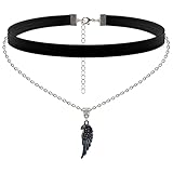 TAMAWire Layers Choker Black Leather and Angel Wing Necklace, Gothic Necklace, Layered Necklace for Women, Black Leather Necklace, Goth Jewelry (Angel Wing Choker)