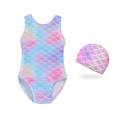 Traje de Baño Niña, Traje de Baño Una Pieza para niñas con Gorro de baño, Bañadores Sirena, Traje de Baño Hawaiano, Bañador de una Pieza para niñas, Hawaiano Verano Bañador Natacion Niña, 110