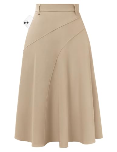 Image of Women's Business Casual Midi Skirt, High Waist Flowy Skirts with Pockets