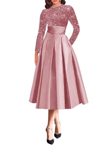 Tea Length Sequin Prom Dresses for Women Long Sleeve Satin Formal Dresses A Line Evening Party Gowns LL-M025