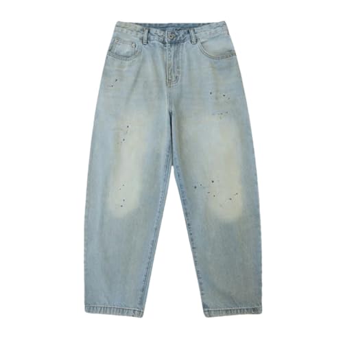 Men’S Streetwear Paint Point Baggy Denim Cargo Pants Slim Fit Full Length Button Fly Midweight Light Wash Trousers