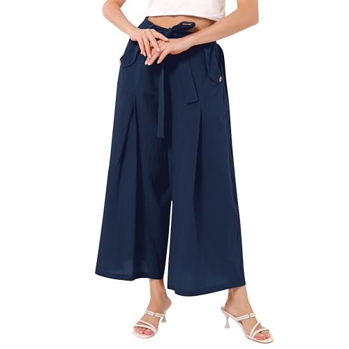 OBEEII Women's Cropped Wide Leg Pants with Pockets High Waisted Flowy Linen Pants Casual Summer Beach Loose Palazzo Pants2
