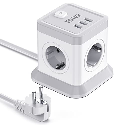 FDTEK Multiprise USB, Prise Cube USB Multiple avec 4 Prises Secteur et 3 Ports USB (5V/3.1A), 7 en 1 Carte de Prise de Courant Mobile Rotative avec Interrupteur et Voyant Lumineux, Câble 1,8 m, 2500W