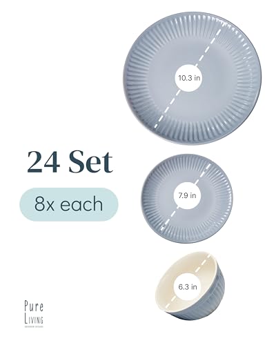 Image of Stoneware Dinnerware Set for 8 People HYGGE 24-Piece - Elegant Scandi Design - Premium Dish Set - Bowl and Plate Set - Tableware for 8 People in a Ribbed Design - Pure Living in Gray-Blue