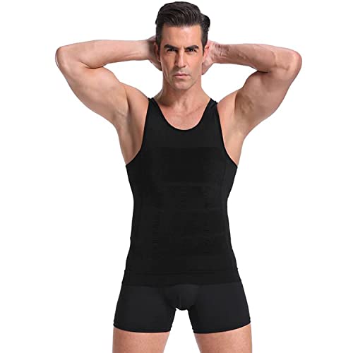 Image of Wearslim Men Compression Shirt For Workout Vest Abs Abdomen Slim Body Shaper Undershirt Slimming Shirt to Hide Gynecomastia Stretchable Tummy Tucker Vest - Pack of 2 - (Black & White)