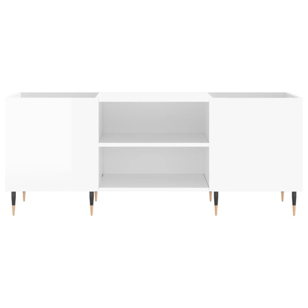 Armoire à disques, blanc brillant, 121 x 38 x 48 cm, en bois avec pieds en fer, espace de rangement pour vinyles, CD et DVD, convient comme meuble multimédia et TV pour salon et home cinéma
