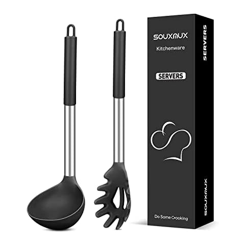 Silicone Pasta Fork and Soup Ladle Set, Non-Stick BPA Free Heat-Resistant Handy Kitchen Utensils for Cooking, Serving, Draining, Stirring (Black) Cover